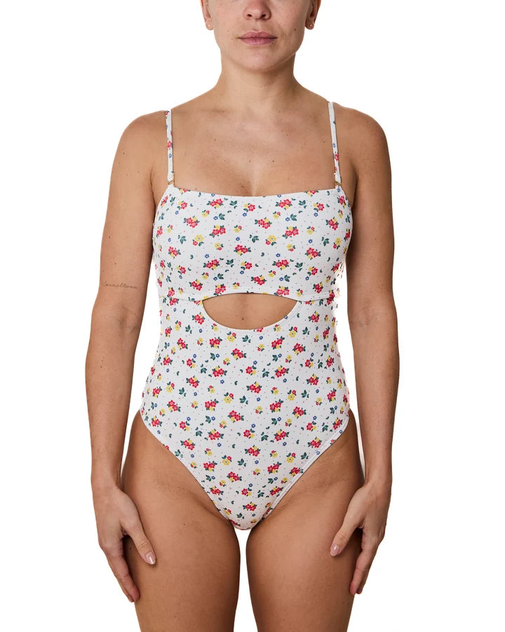 One-Piece Swimsuit Flowers And Polka Dots Ribbed