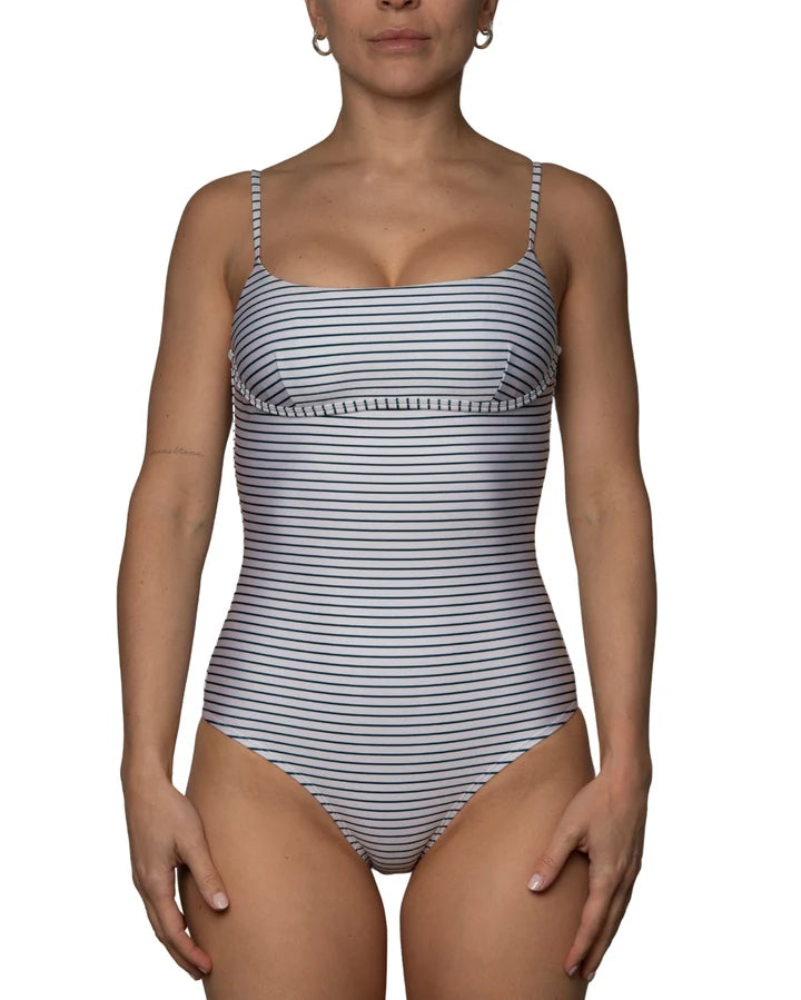 One-Piece Swimsuit Shiny With Turquoise Stripes